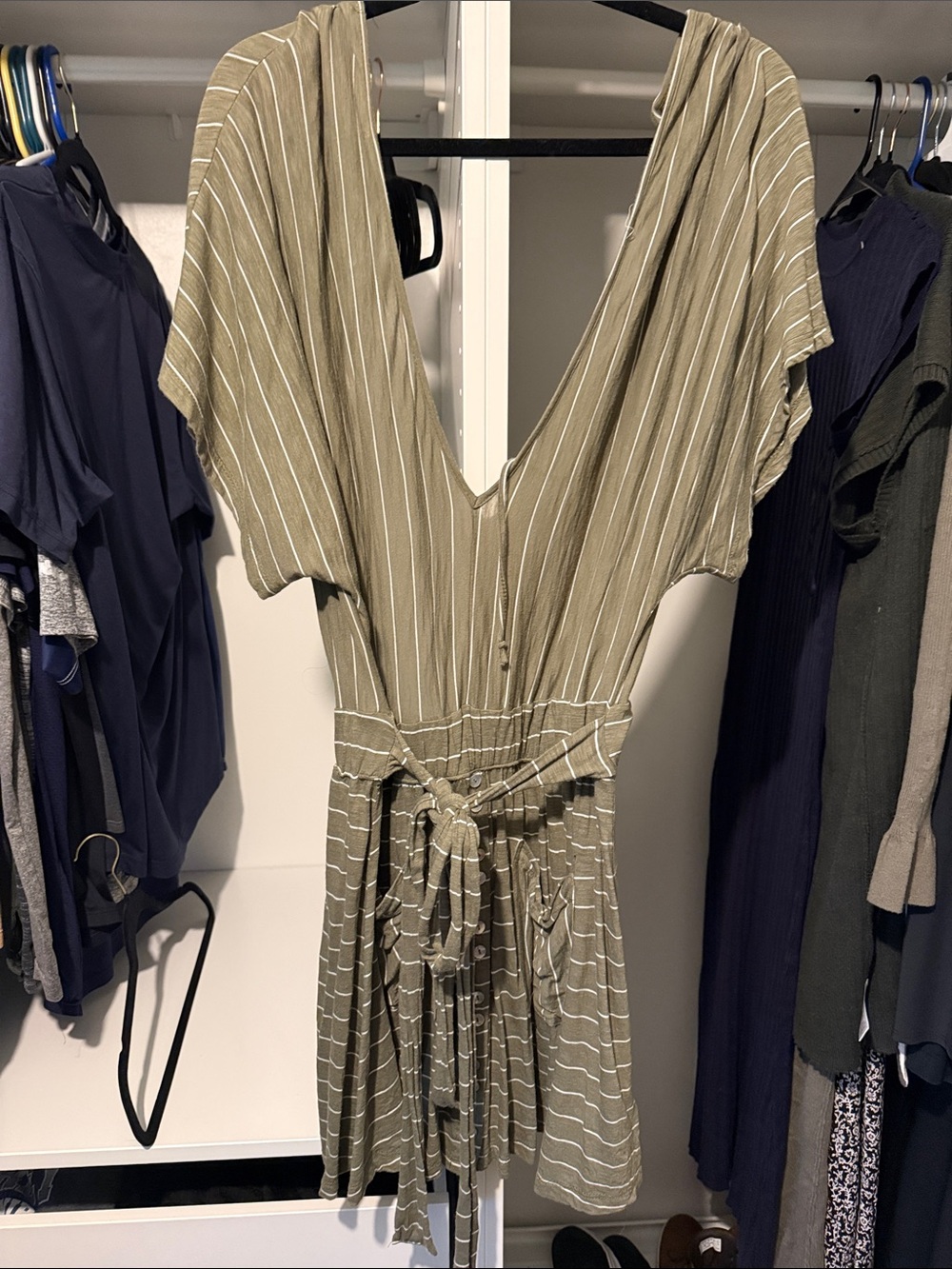 Olive Green Striped V-Neck Women’s Dress with Tie Waist
